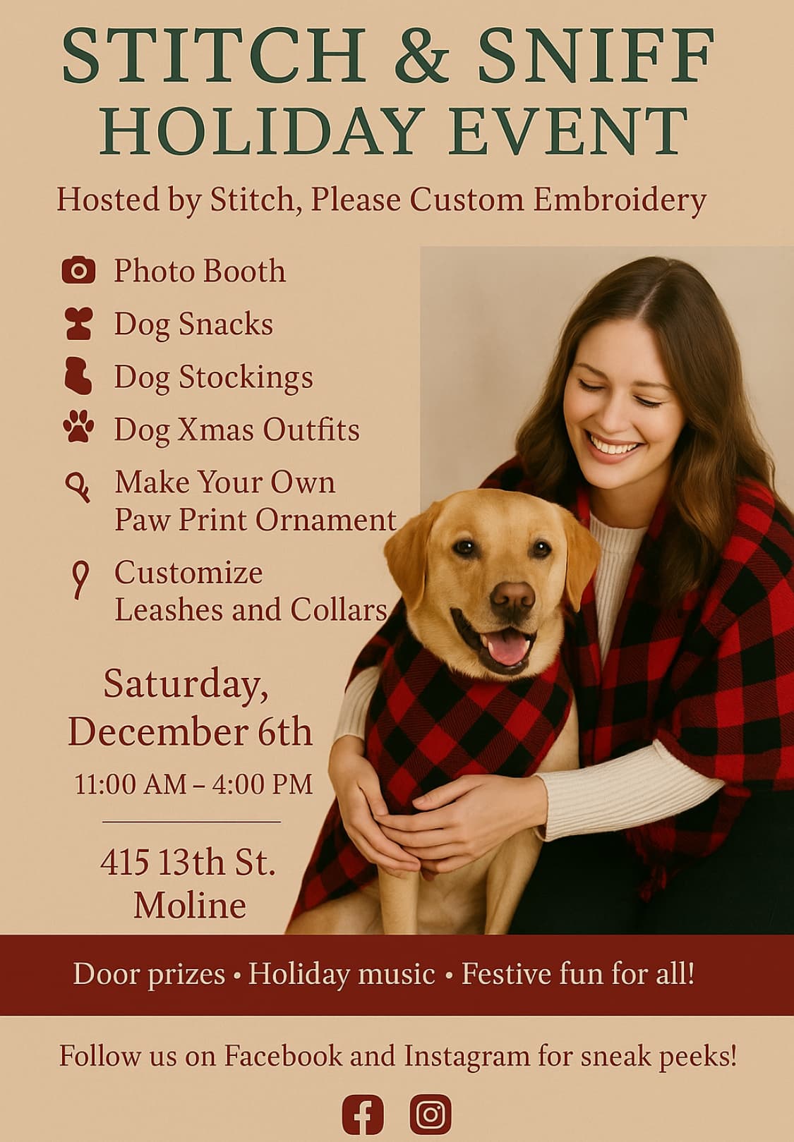 Stitch & Sniff Holiday Event - Woman with Golden Retriever in Buffalo Plaid